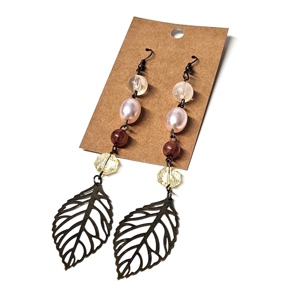 Elegant Leaf Drop Earrings with Pink and Brown Beads -Hypoallergenic